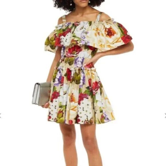 Nwt  Dolce & Gabbana Cold-shoulder Ruffled Floral Print Cotton-Poplin Mini Dress - Picture 1 of 7